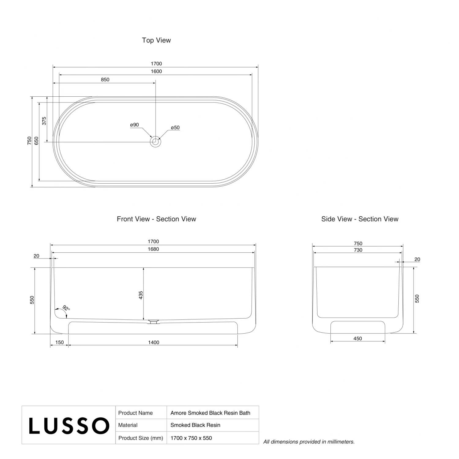 Amore Freestanding Smoked Black Resin Bath 1700mm 7 Amore Freestanding Smoked Black Resin Bath 1700mm - Image 5