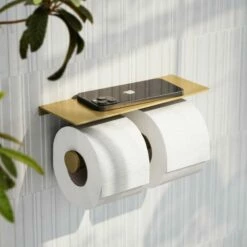 Deka Brushed Gold Double Toilet Roll Holder With Shelf