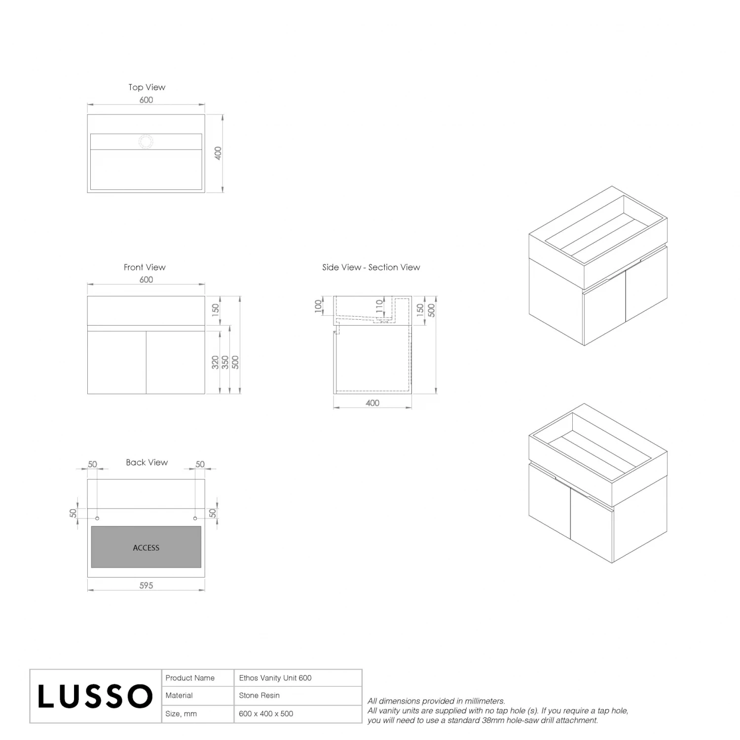 Ethos Vanity Unit With Stone Basin (Matte White 600mm) 10 Ethos Vanity Unit With Stone Basin (Matte White 600mm) - Image 8