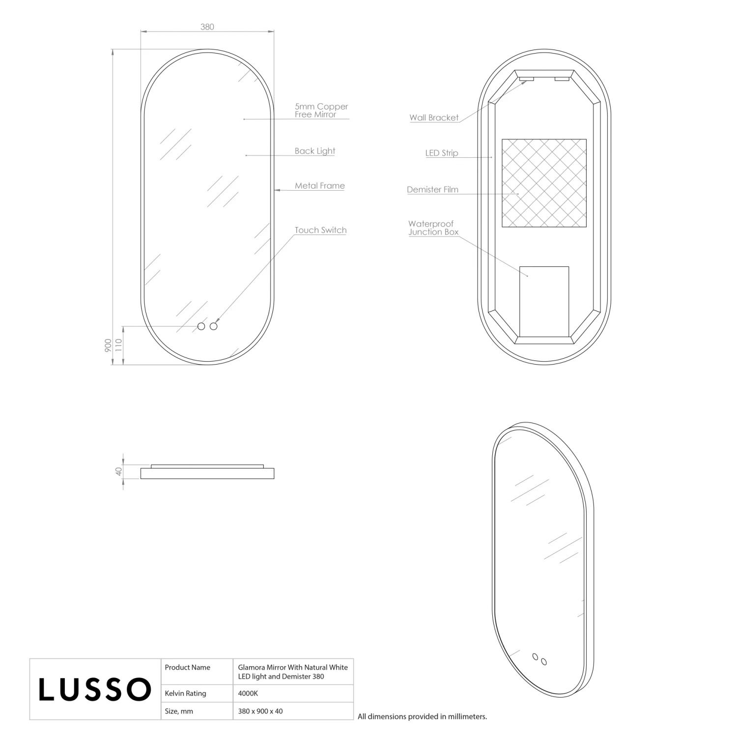 Glamora Matte Black Mirror With Natural White LED Light And Demister 380mm 7 Glamora Matte Black Mirror With Natural White LED Light And Demister 380mm - Image 5
