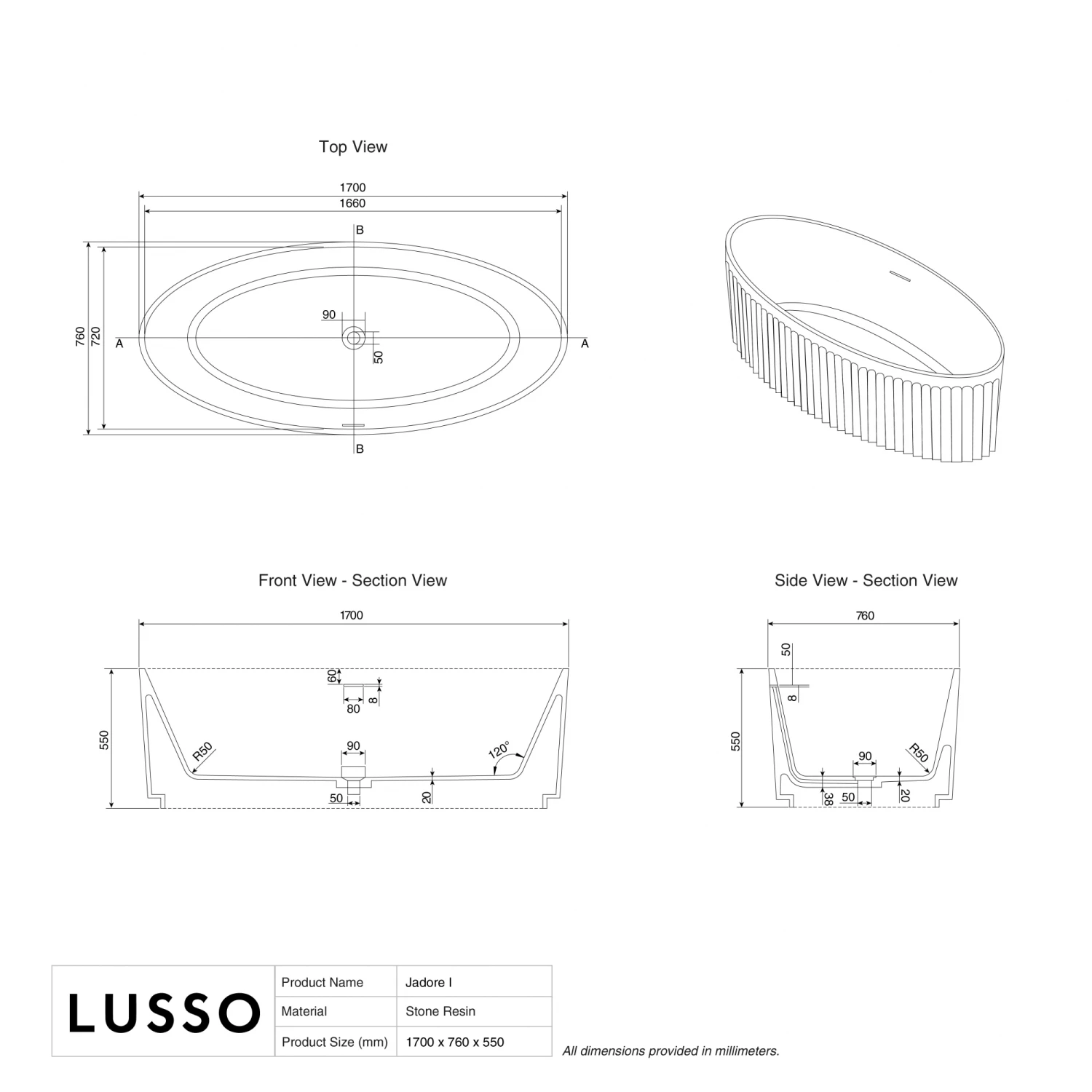Jadore I Freestanding Fluted Stone Bath Matte Finish 1700mm 6 Jadore I Freestanding Fluted Stone Bath Matte Finish 1700mm - Image 4