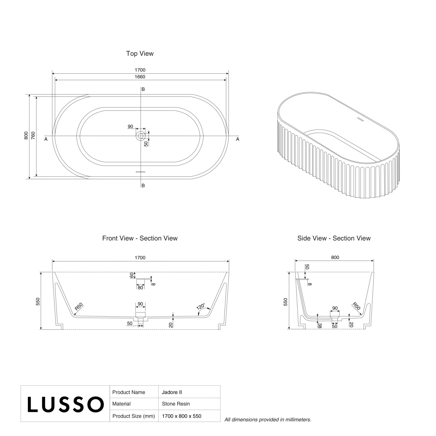 Jadore II Freestanding Fluted Stone Bath Matte Finish 1700mm 6 Jadore II Freestanding Fluted Stone Bath Matte Finish 1700mm - Image 4