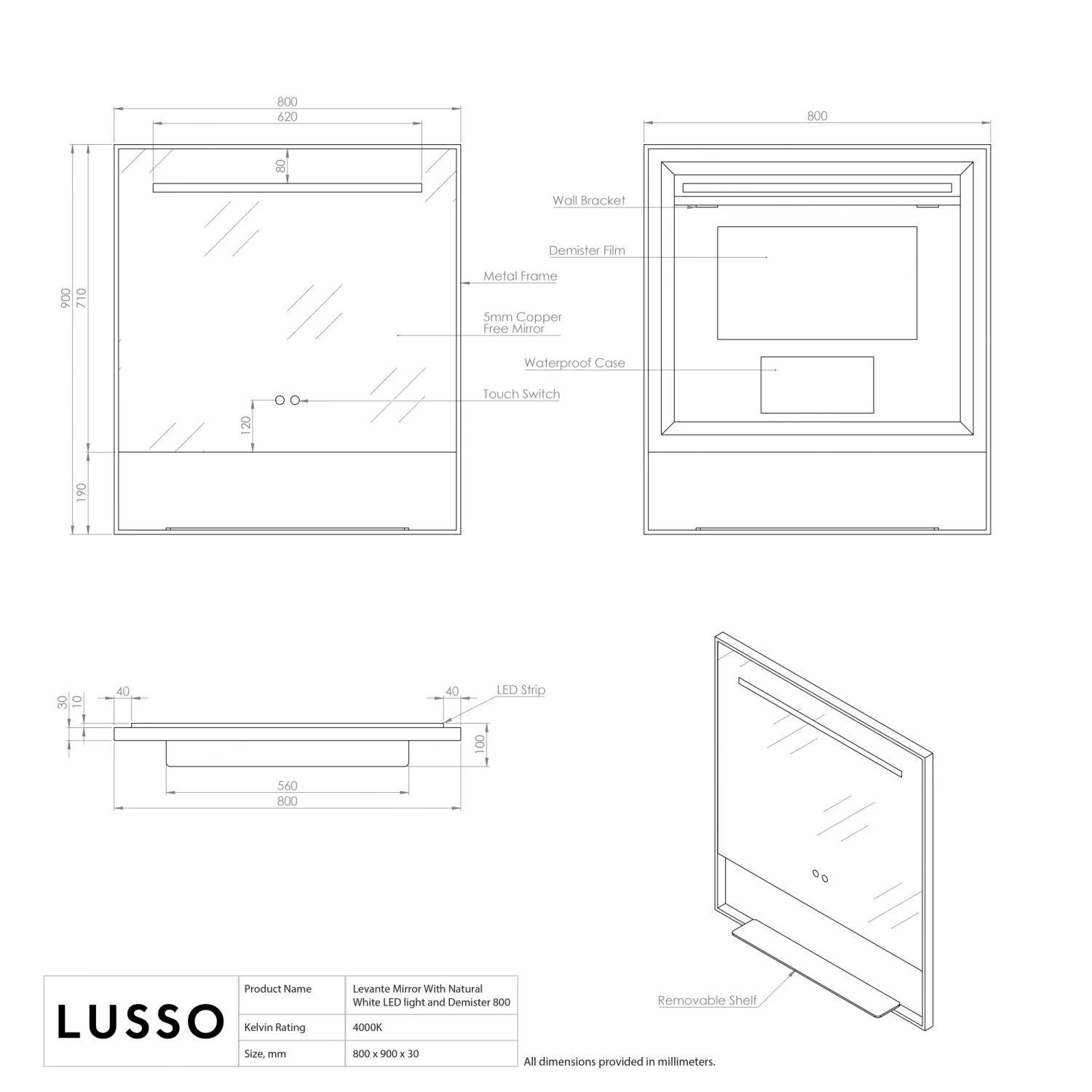 Levante Brushed Gold Mirror With Natural White LED Light And Demister 800mm 7 Levante Brushed Gold Mirror With Natural White LED Light And Demister 800mm - Image 5