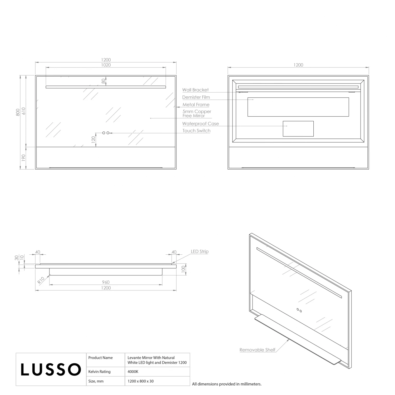 Levante Matte Black Mirror With Natural White LED Light And Demister 1200mm 7 Levante Matte Black Mirror With Natural White LED Light And Demister 1200mm - Image 5