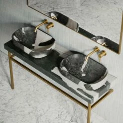 Lomazzo Gold Countertop Vanity Unit Panda Marble 1400mm -LUSSOSTONE Shop lomazzo gold countertop vanity unit panda marble 1400mm p5648 34696 zoom