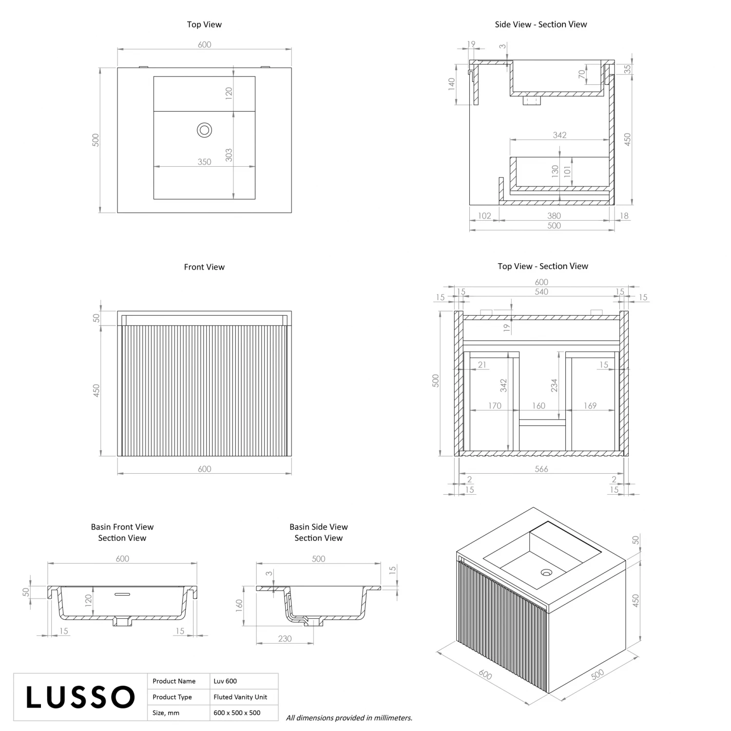 Luv Fluted Vanity Unit With Stone Basin (Matte White 600mm) 7 Luv Fluted Vanity Unit With Stone Basin (Matte White 600mm) - Image 5