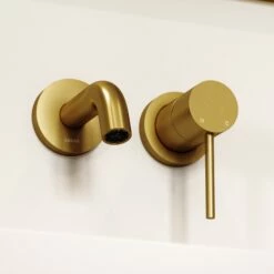 Luxe Brushed Gold Short Projection Wall Mounted Basin Mixer Tap -LUSSOSTONE Shop luxe brushed gold short projection wall mounted basin mixer tap p2287 46076 zoom