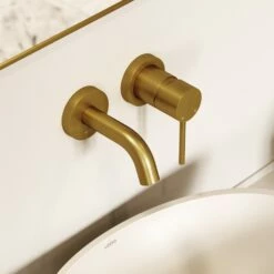 Luxe Brushed Gold Short Projection Wall Mounted Basin Mixer Tap -LUSSOSTONE Shop luxe brushed gold short projection wall mounted basin mixer tap p2287 46077 zoom