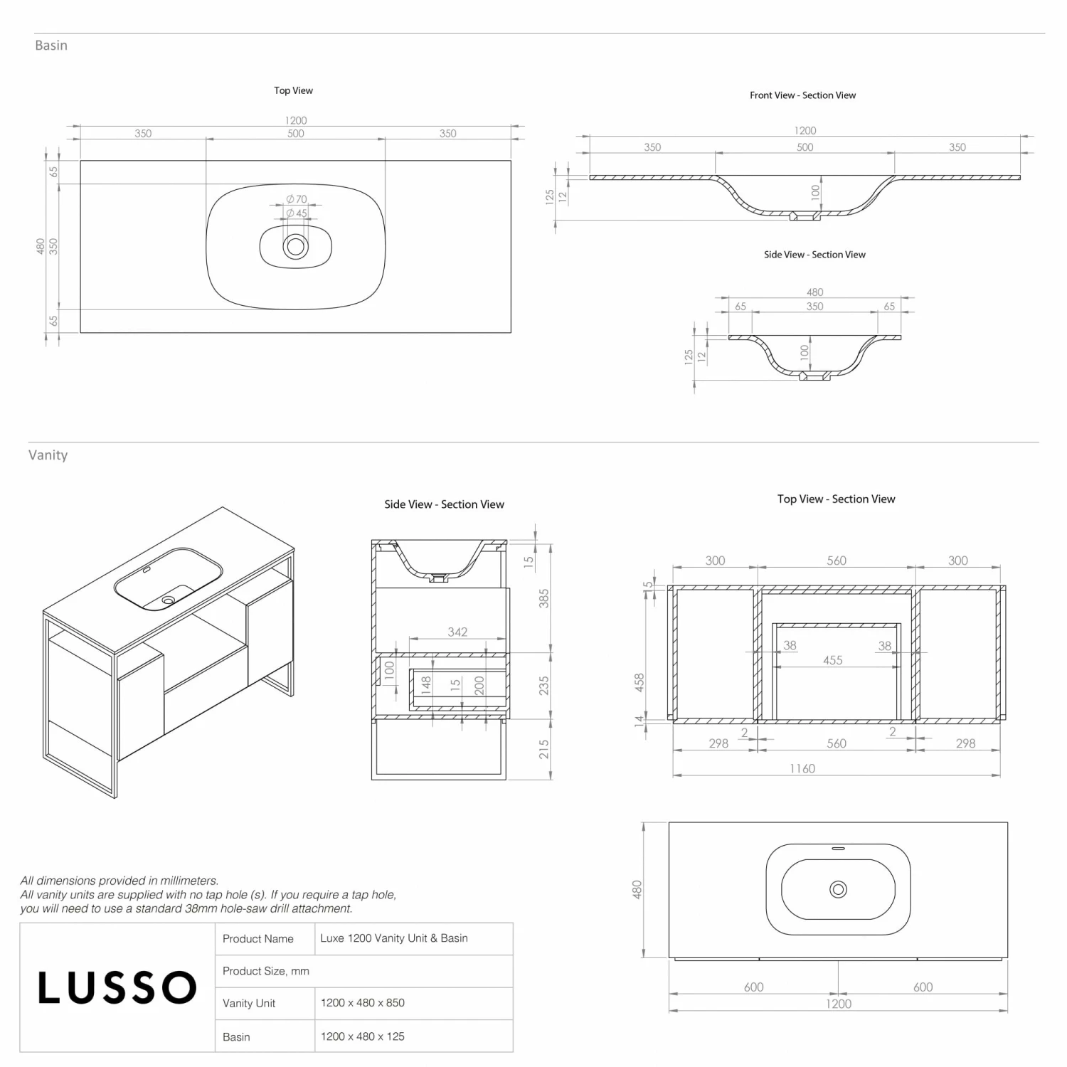 Luxe Vanity Unit With Stone Basin (Matte Black Frame 1200mm) 6 Luxe Vanity Unit With Stone Basin (Matte Black Frame 1200mm) - Image 4