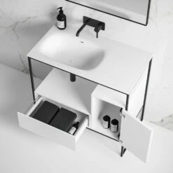 Luxe Vanity Unit With Stone Basin (Matte Black Frame 900mm) -LUSSOSTONE Shop luxe vanity unit with stone basin matte black frame 900mm p5054 27755 image