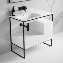 Luxe Vanity Unit With Stone Basin (Matte Black Frame 900mm) -LUSSOSTONE Shop luxe vanity unit with stone basin matte black frame 900mm p5054 27756 image