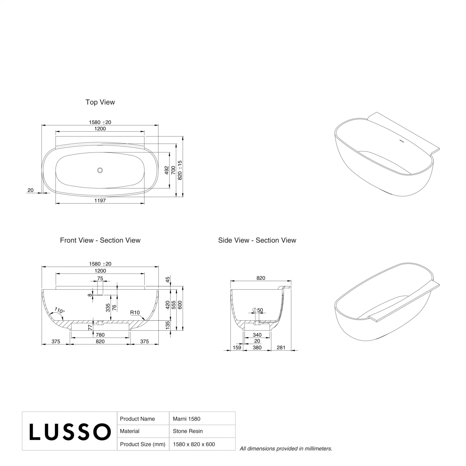 Marni Freestanding Stone Bath 1580mm 7 Marni Freestanding Stone Bath 1580mm - Image 5