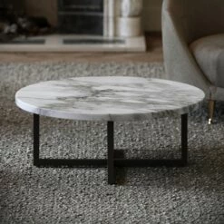 Nazzano Arabescato Marble Round Coffee Table With Black Legs