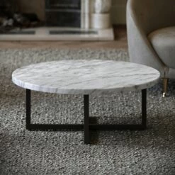 Nazzano Carrara Marble Round Coffee Table With Black Legs