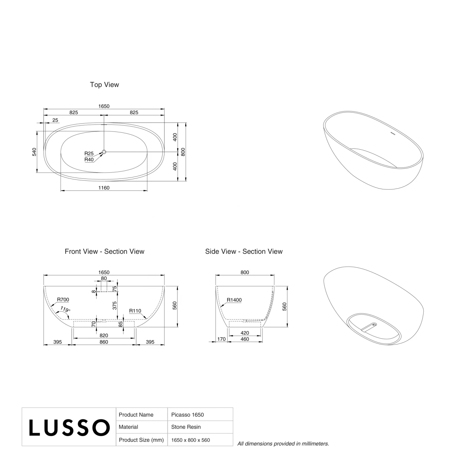 Picasso Freestanding Stone Bath 1650mm 6 Picasso Freestanding Stone Bath 1650mm - Image 4