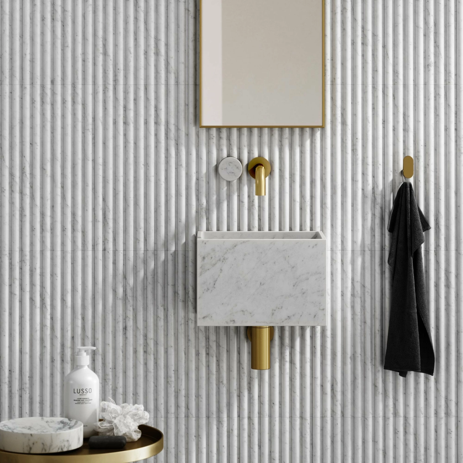 Porto Short Projection Wall Mounted Basin Tap (Brushed Gold & Carrara Marble) 3 Porto Short Projection Wall Mounted Basin Tap (Brushed Gold & Carrara Marble)