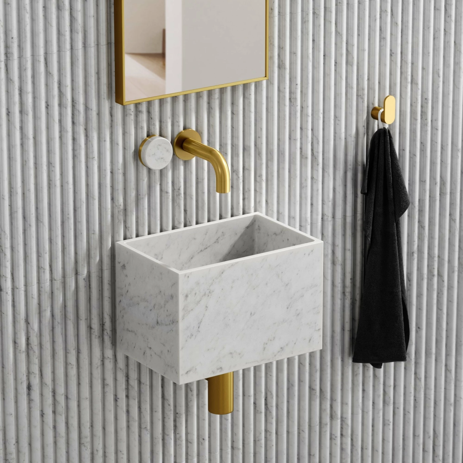 Porto Short Projection Wall Mounted Basin Tap (Brushed Gold & Carrara Marble) 4 Porto Short Projection Wall Mounted Basin Tap (Brushed Gold & Carrara Marble) - Image 2