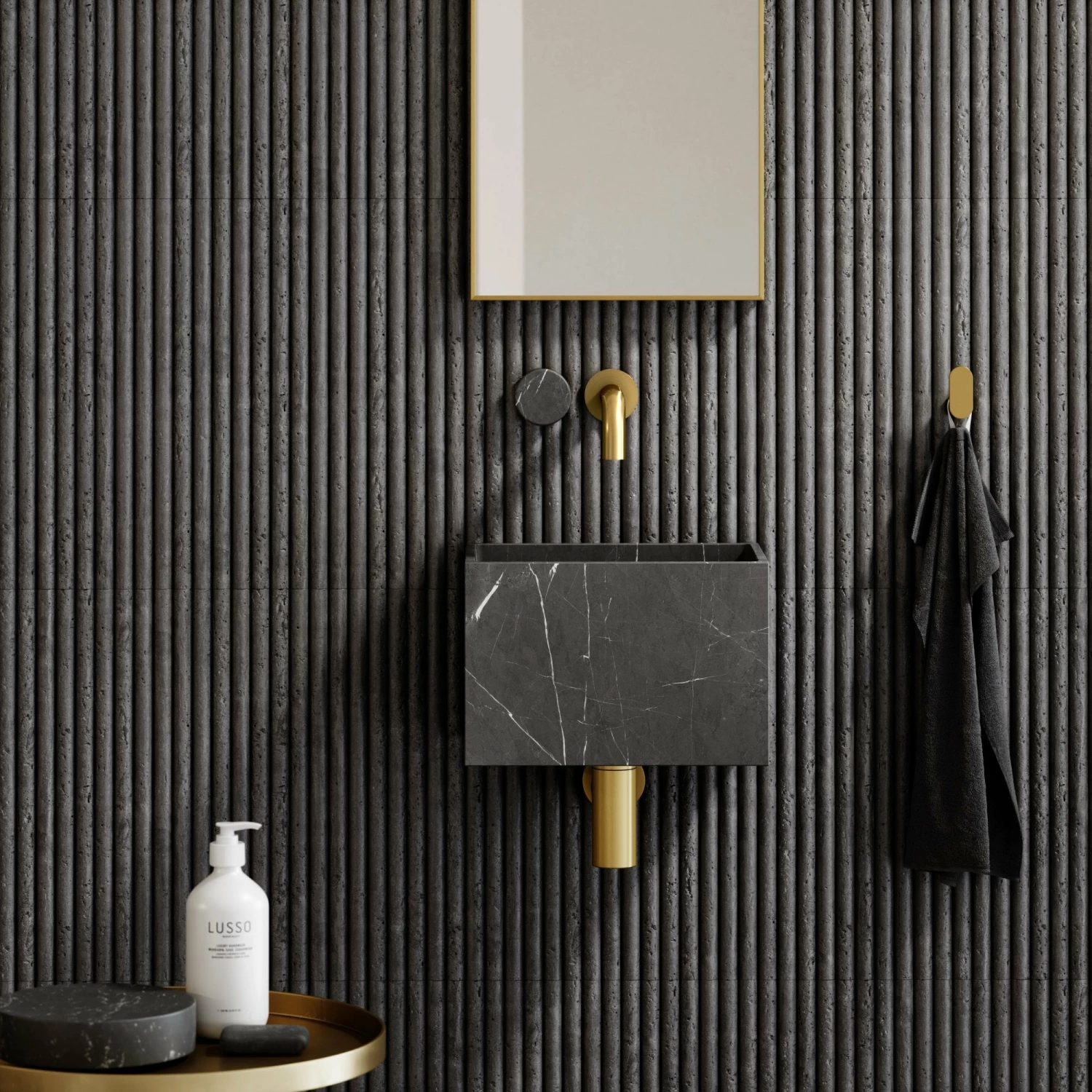 Porto Short Projection Wall Mounted Basin Tap (Brushed Gold & Pietra Grey Marble) 3 Porto Short Projection Wall Mounted Basin Tap (Brushed Gold & Pietra Grey Marble)