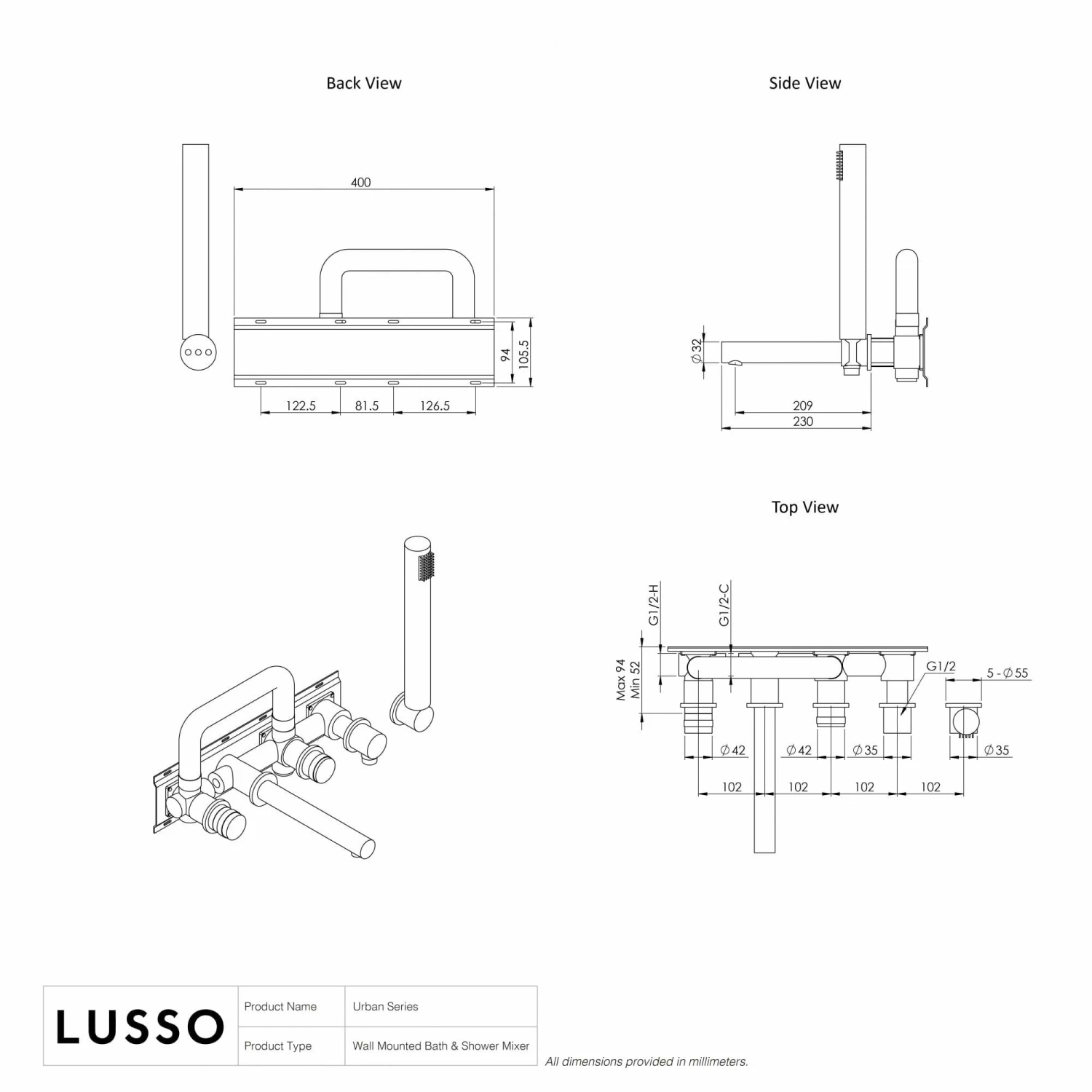Urban Brushed Gold Wall Mounted Bath Mixer Shower Tap 6 Urban Brushed Gold Wall Mounted Bath Mixer Shower Tap - Image 4
