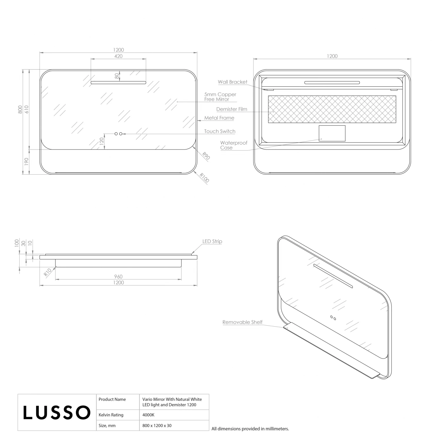 Vario Matte Black Mirror With Natural White LED Light And Demister 1200mm 7 Vario Matte Black Mirror With Natural White LED Light And Demister 1200mm - Image 5