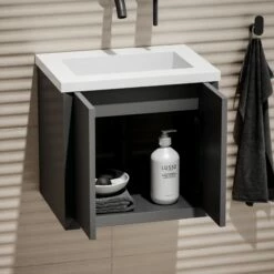 Volini Mini Cloakroom Vanity Unit With Stone Basin (Matte Anthracite 400mm) -LUSSOSTONE Shop volini mini cloakroom vanity unit with stone basin matte anthracite 400mm p4584 40385 zoom