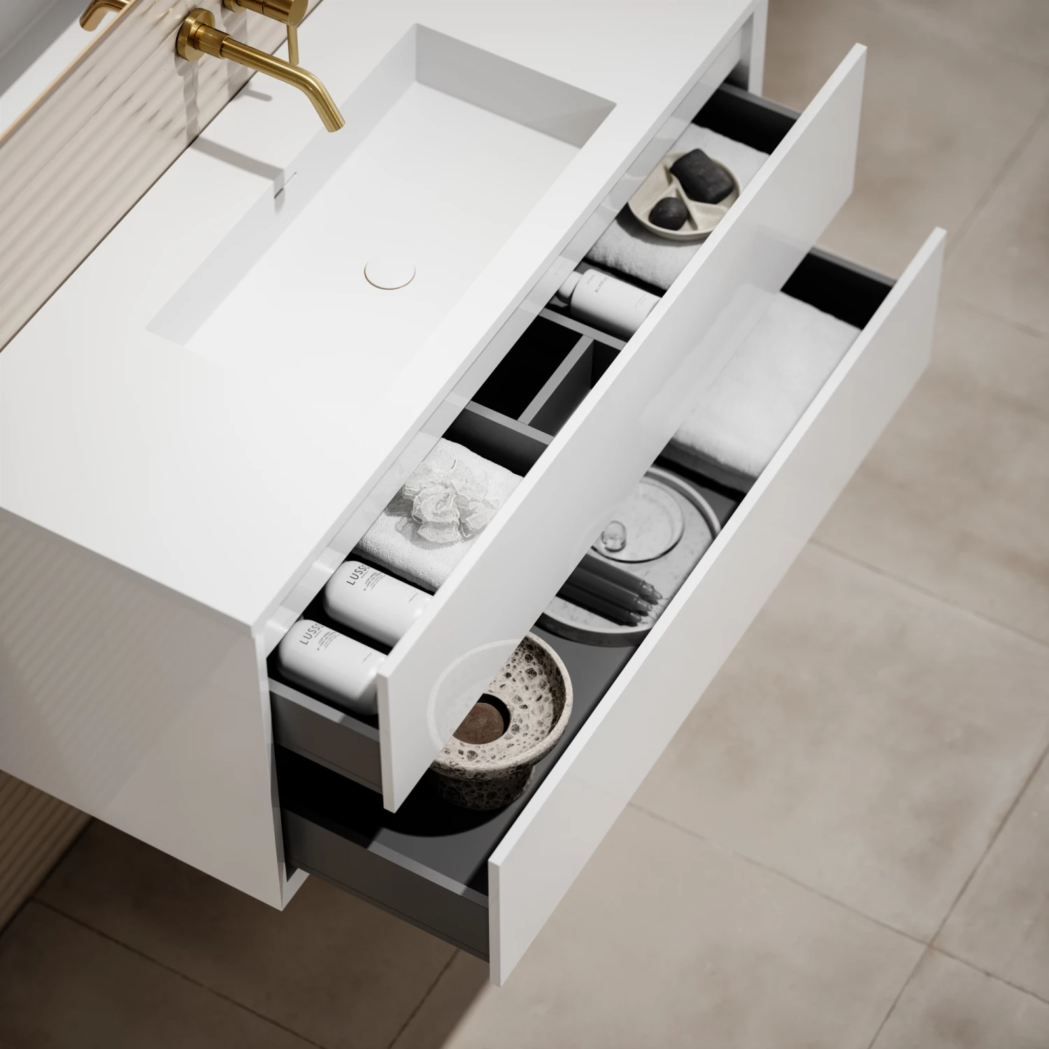 Volini Vanity Unit With Stone Basin (Polished White 1200mm) 7 Volini Vanity Unit With Stone Basin (Polished White 1200mm) - Image 5