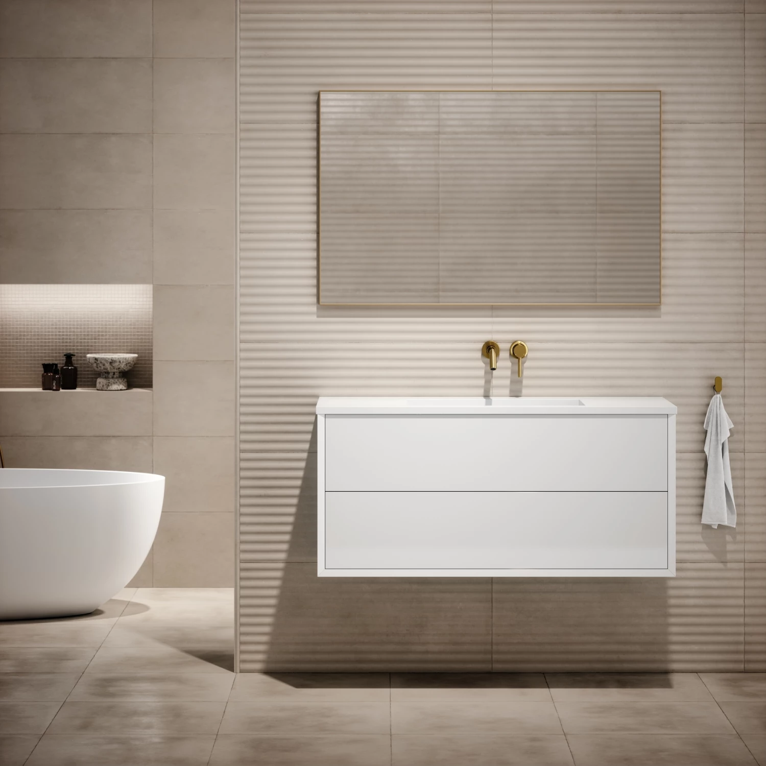 Volini Vanity Unit With Stone Basin (Polished White 1200mm) 3 Volini Vanity Unit With Stone Basin (Polished White 1200mm)