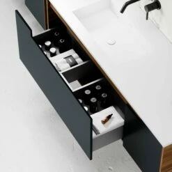 Zotto Vanity Unit With Stone Basin (American Walnut And Black Anthracite 1400mm) -LUSSOSTONE Shop zotto vanity unit with stone basin american walnut and black anthracite 1400mm p2309 25582 zoom